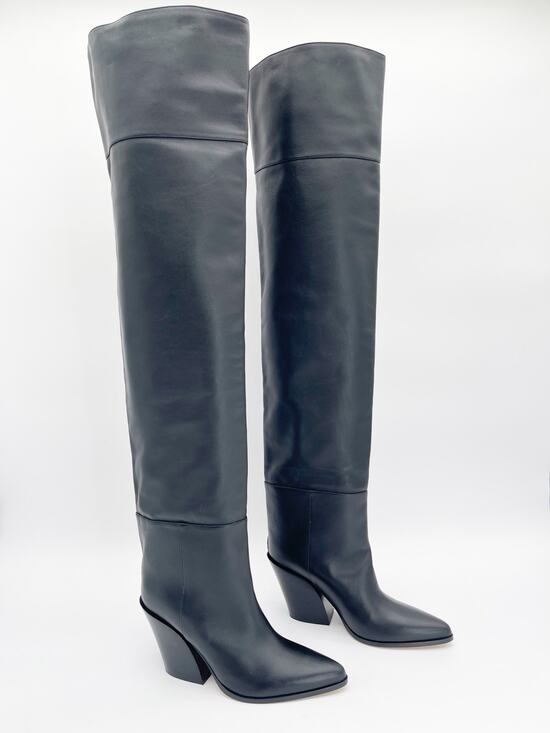 Jimmy Choo Shoes - Jimmy Choo Cece 80 Black Pointed Toe Over the Knee Block Heel Boots IT 38.5